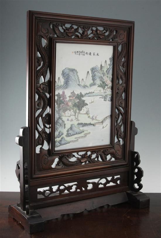 A Chinese rosewood and porcelain mounted table screen, early 20th century, 72cm x 52cm